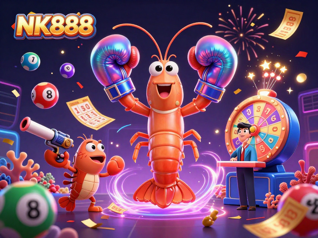 Play thrilling games at NK888 and win big with vibrant lottery and casino elements.