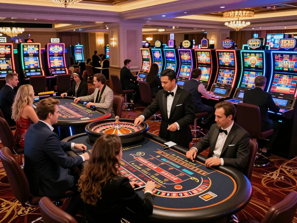 kuwin players enjoying casino games in a vibrant atmosphere with roulette and blackjack tables.