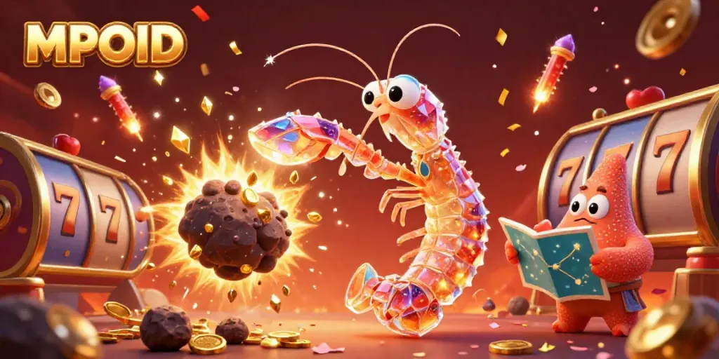 MPOID engaging players with vibrant slot games surrounded by sparkling coins and festive elements.