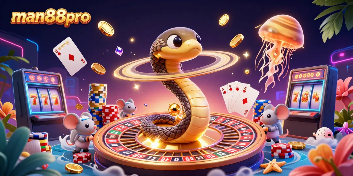 Experience the excitement of man88pro with a vibrant 3D casino illustration featuring unique cosmic characters and dynamic gameplay elements.