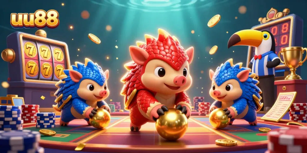 Score a jackpot with uu88 as rival pangolins roll through slots and golden coins in a vibrant scene.