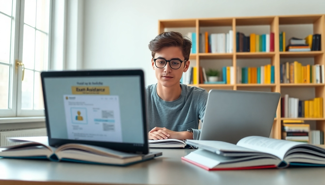 Student engaging with exam assistance resources on a laptop amidst study materials.