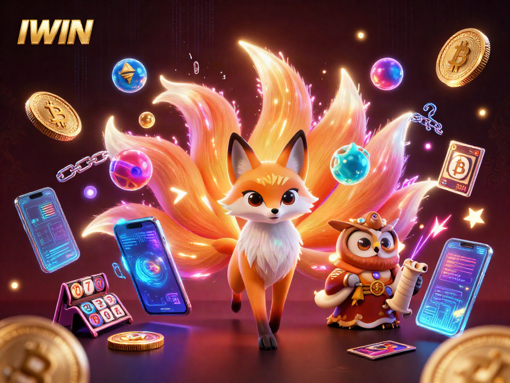 Experience the thrilling IWIN casino with vibrant characters, slot reels, and crypto elements in this captivating illustration.