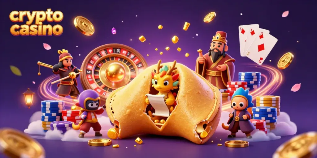 Experience the thrill of a crypto casino with a dynamic scene featuring a golden fortune cookie, a wise dragon, and cascading coins.