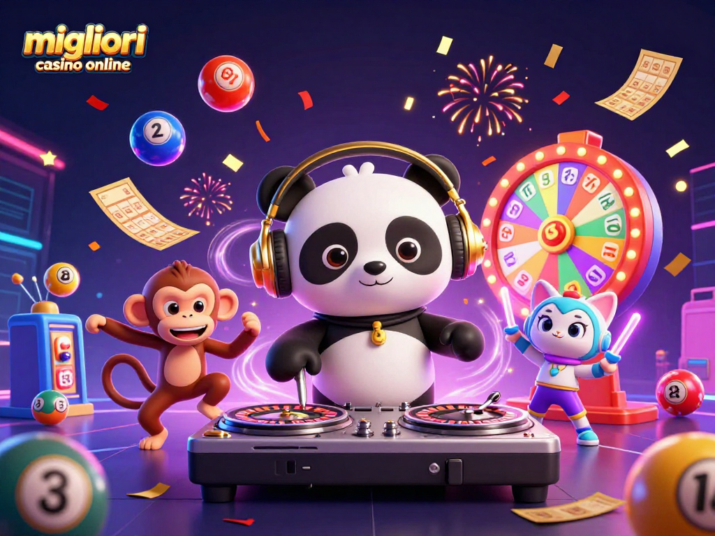 I migliori casino online offrono gioia e divertimento, rappresentati nella scena grafica vivace con personaggi come un panda DJ e molto altro.