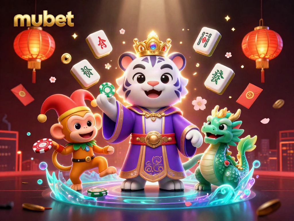 Engage in the exciting world of mubet with a vibrant 3D casino scene featuring a regal tiger, jester monkey, and dragon.
