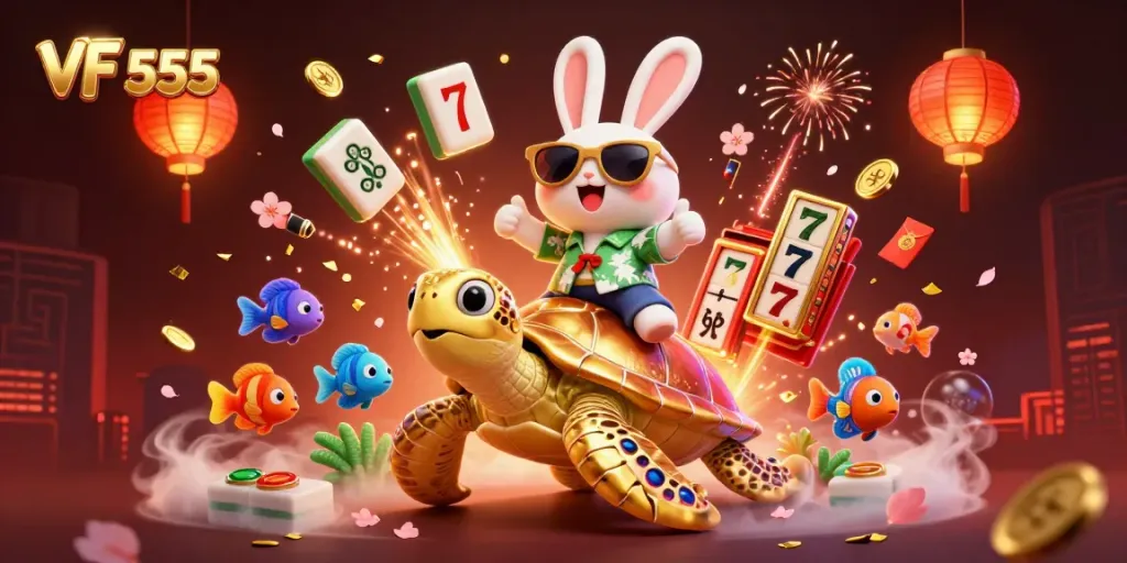 Engage with the vibrant VF 555 scene featuring a lucky rabbit and a golden turtle amidst festive casino symbols.