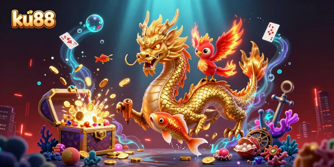 ku88 showcases a dynamic 3D scene featuring a golden dragon and phoenix with casino elements.