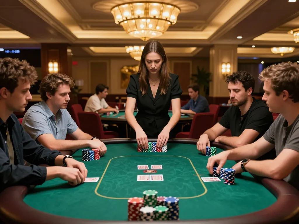 Players engage in a high-stakes poker game at rokok88 casino, showcasing strategic betting and vibrant atmosphere.