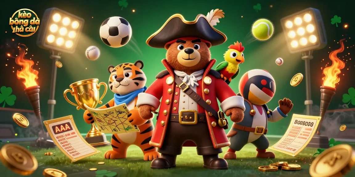 Engage in kèo bóng đá nhà cái action with a vibrant scene featuring a pirate bear, tiger, and golden parrot among sports elements.