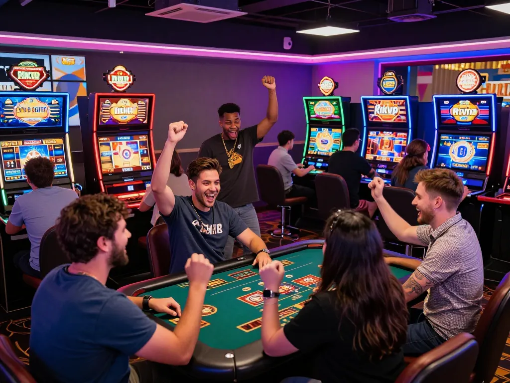 Cổng game Rikvip bustling with players enjoying diverse games in a lively casino atmosphere.