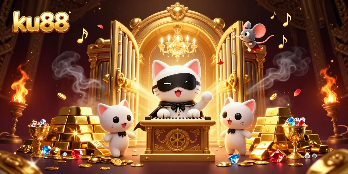 ku88 captivates players with a vibrant casino scene featuring whimsical characters and treasures.