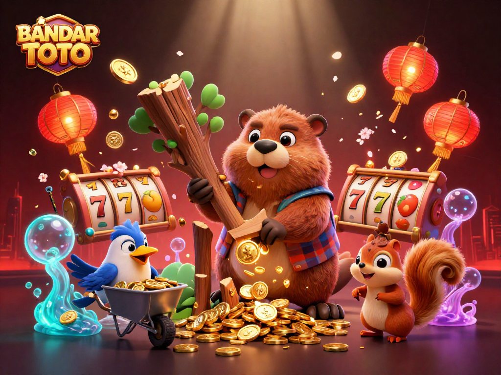BANDAR TOTO featuring a whimsical scene of a cartoon beaver winning coins as it interacts with vibrant casino elements.