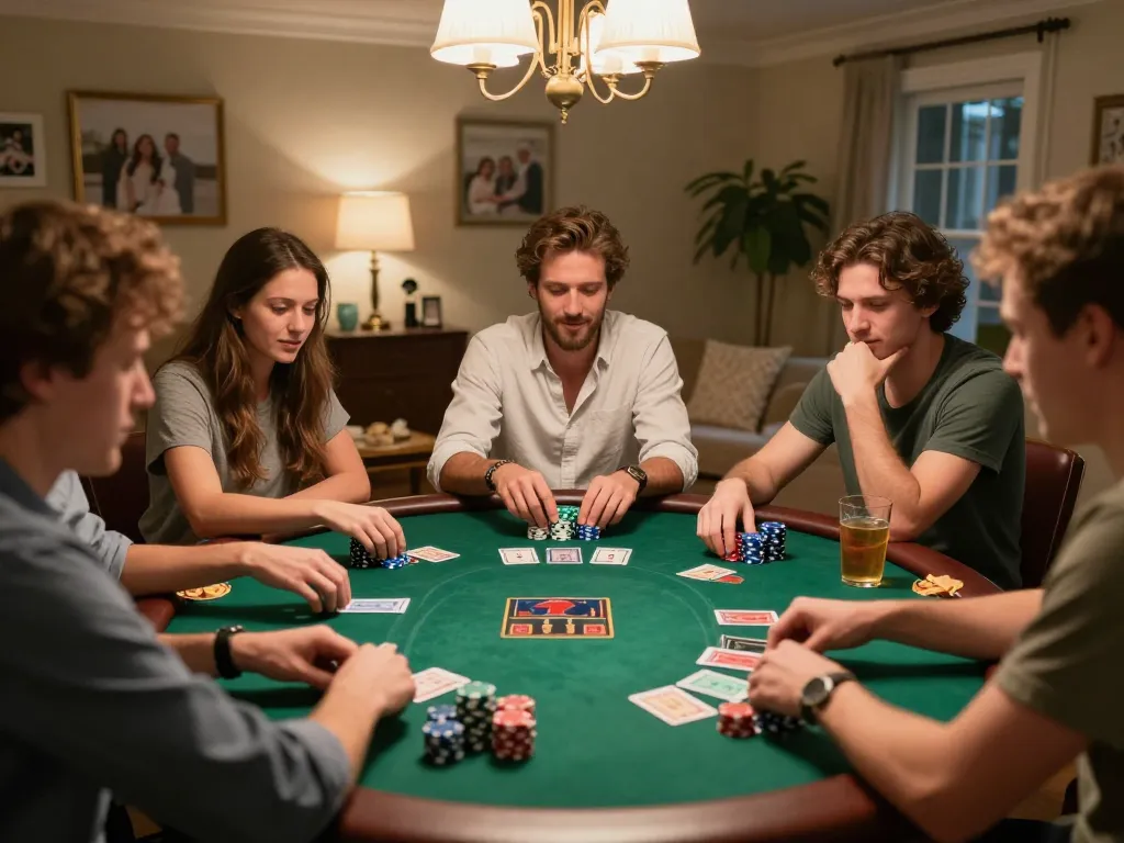SC88 players engaged in a lively home poker game, showcasing strategy and excitement around the table.