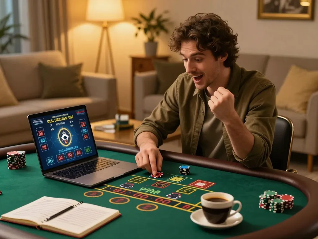 Player strategizing at home with F8bet online casino game on laptop, showcasing engaging gameplay.