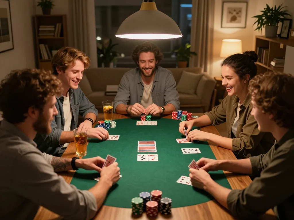 Friends enjoying a home poker game while using yowesjp for strategic betting, capturing a lively atmosphere