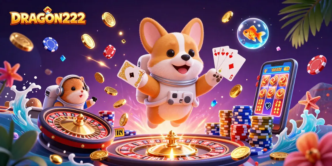 Spin to win at DRAGON222 with a 3D illustration of a playful astronaut corgi amidst casino excitement.