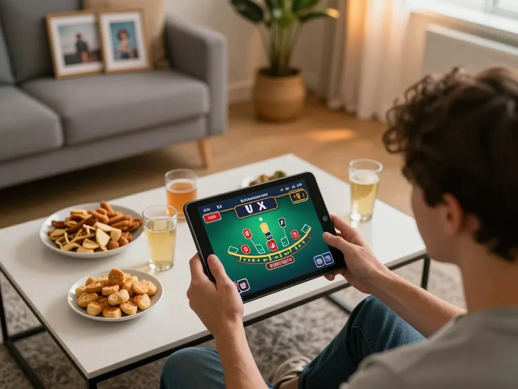 Engaged player interacting with F168 online casino app, showcasing responsible gaming strategies.