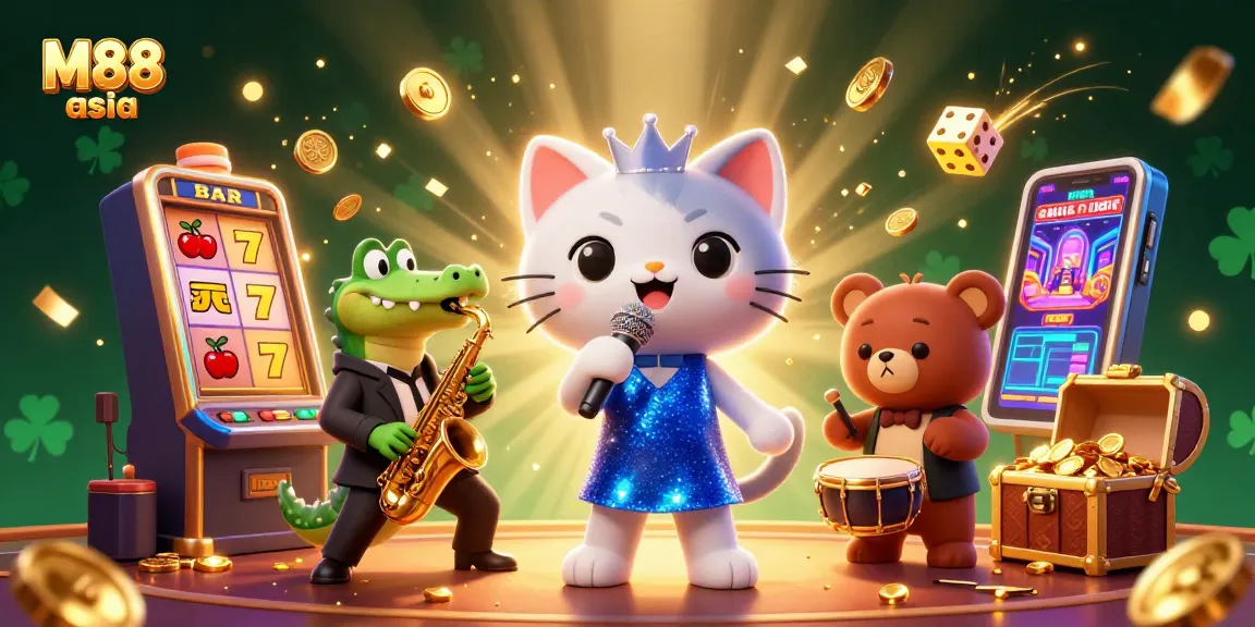 Win big at M88 asia with an engaging casino scene featuring lively characters and vibrant elements.