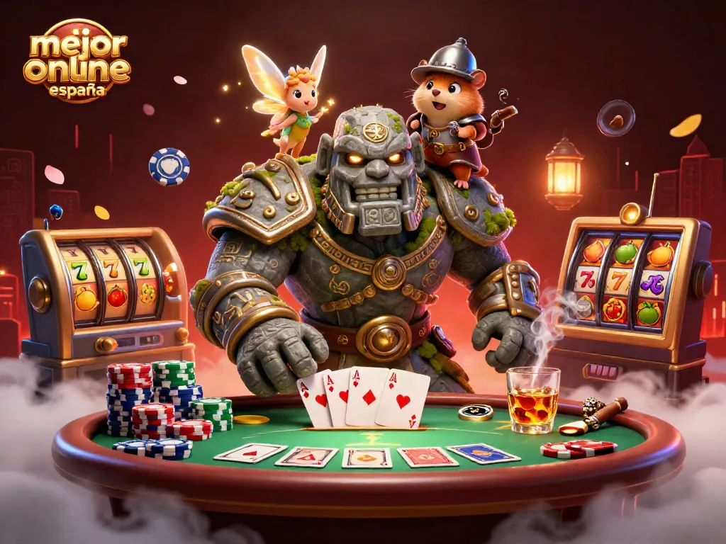 En la ilustración destaca el mejor casino online España con un golem guardián, una hada y un valiente caballero hámster.