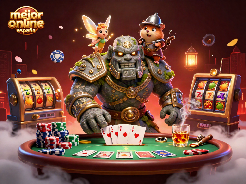 En la ilustración destaca el mejor casino online España con un golem guardián, una hada y un valiente caballero hámster.