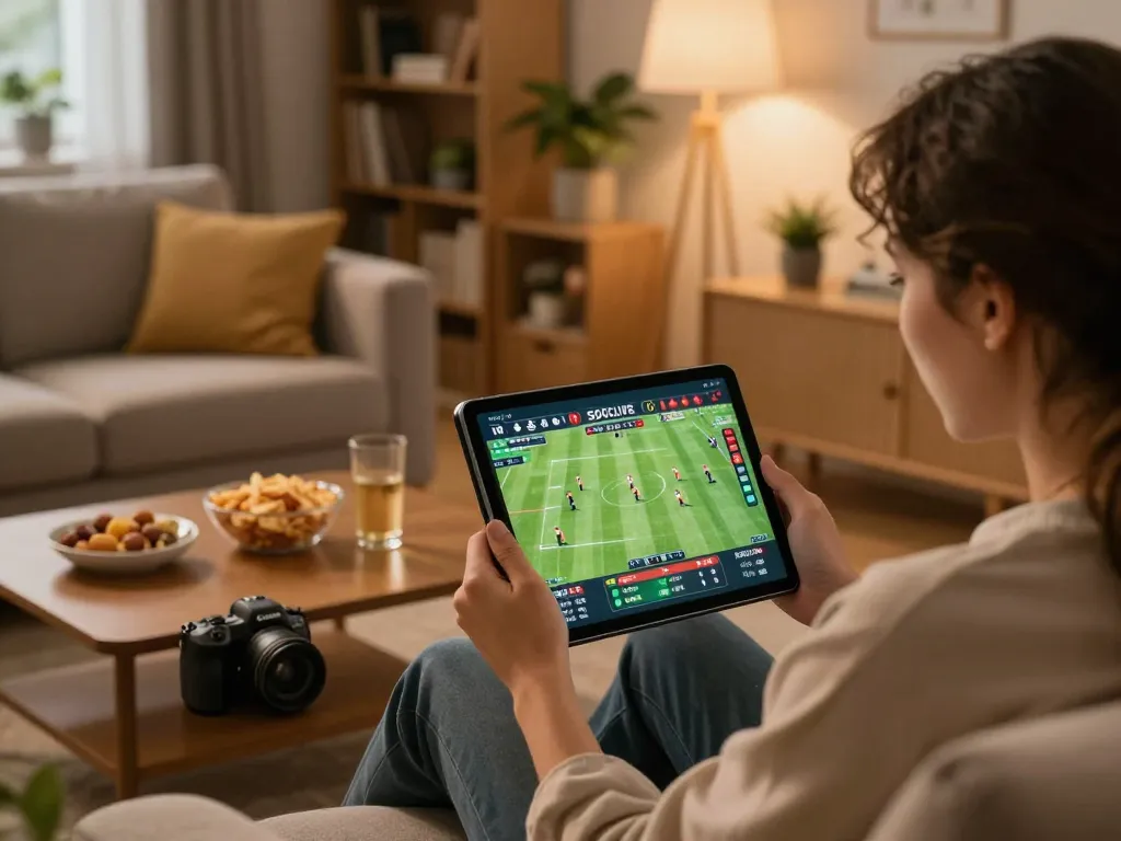 SOCOLIVE user enjoying live sports betting on tablet in cozy home environment.