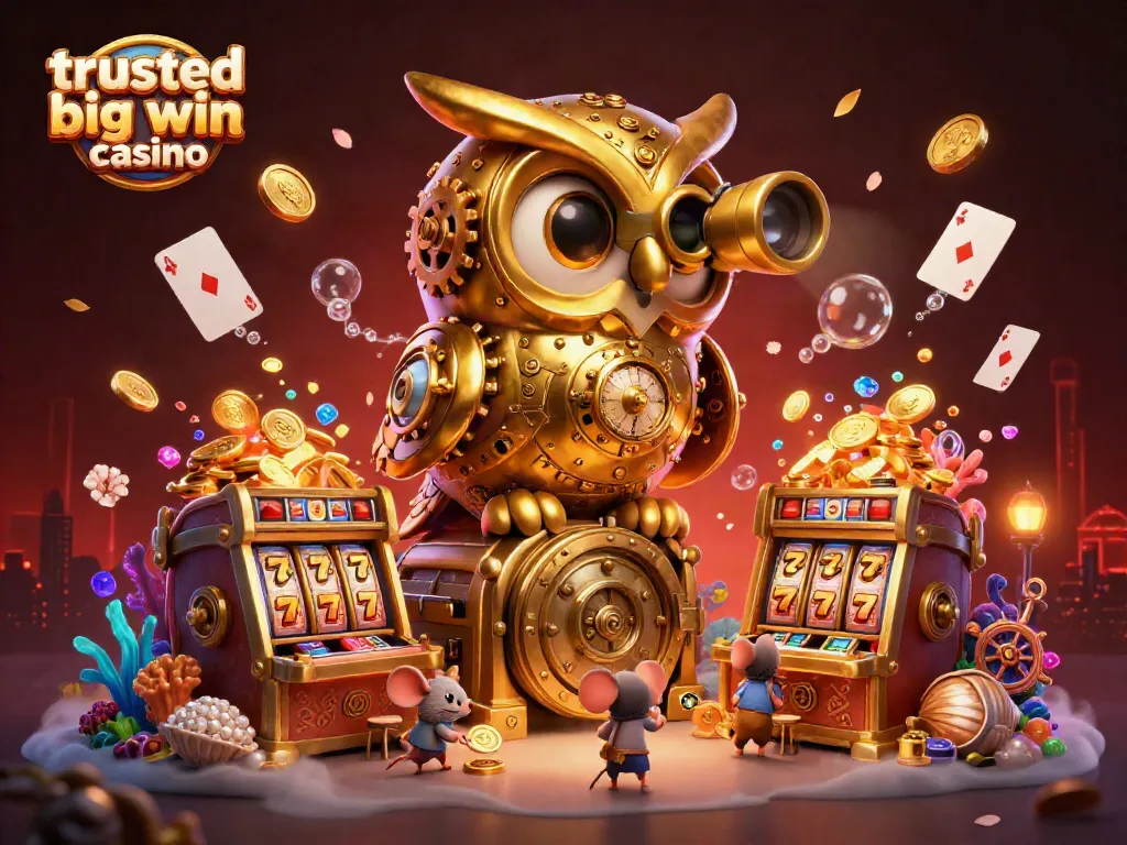 Join the trusted big win casino with a vibrant 3D illustration of a golden owl amidst slot games and treasures.
