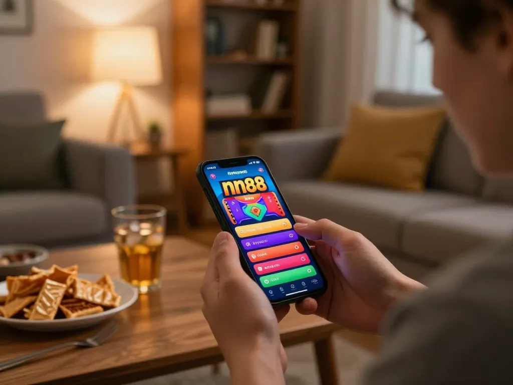 Player engaging with nn88 mobile casino app, showcasing online gaming in a cozy home setup.