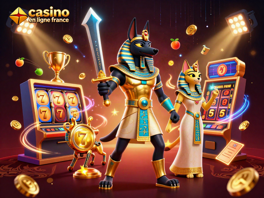 Plongez dans l'univers du casino en ligne France avec Anubis et Bastet entourés de symboles de machines à sous.