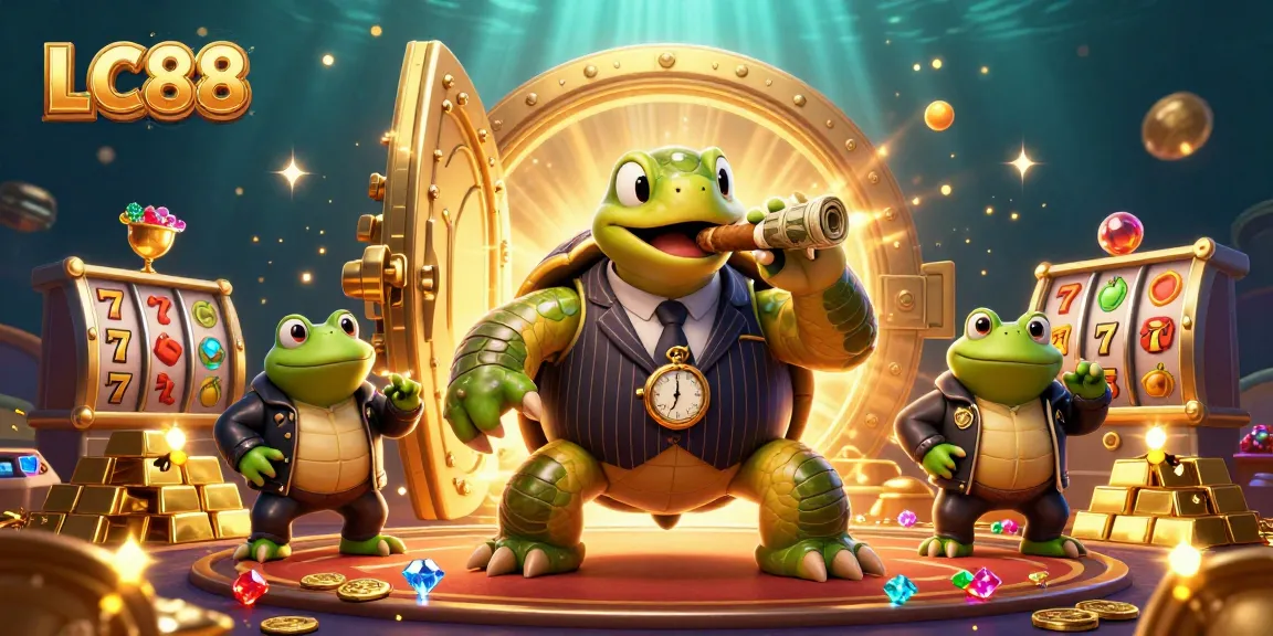 LC88 showcases a vibrant casino scene featuring a mobster turtle and bullfrog enforcers surrounded by treasures and slot elements.