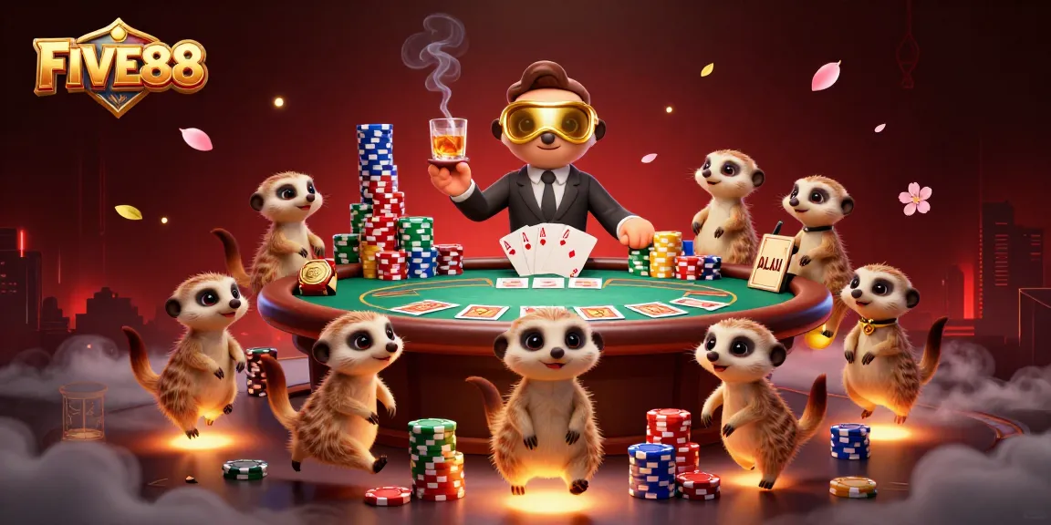 Engage in thrilling poker at FIVE88 with cartoon meerkats overseeing a vibrant casino scene.