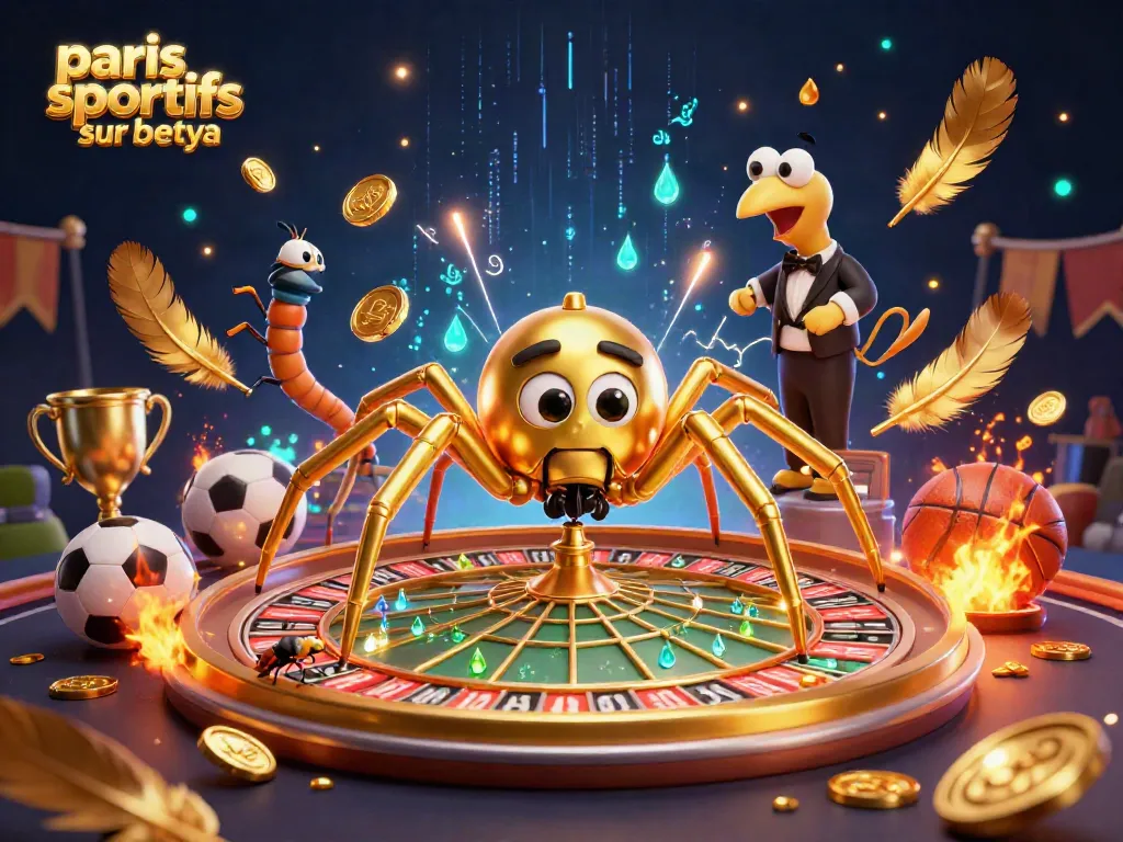 Place bets on paris sportifs sur betya with a golden spider spinning a roulette wheel web in a dynamic sports scene.
