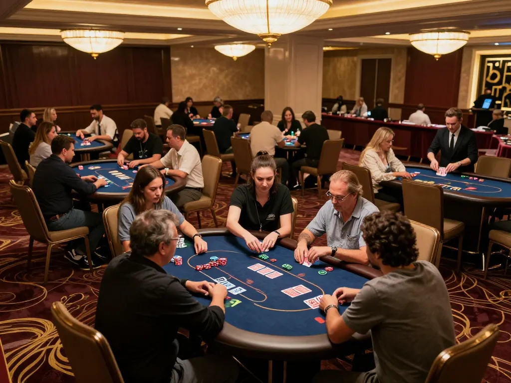 Kp 88 players engaged in intense poker gameplay at a luxurious casino with vibrant atmosphere.