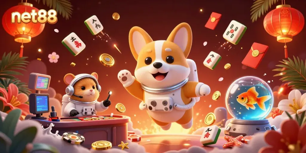 Engage with net88's vibrant casino atmosphere featuring 3D animations of floating chips and playful characters.