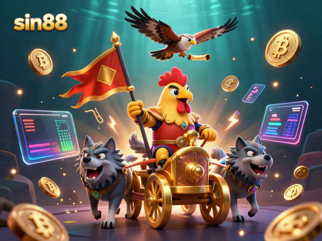 Engage with sin88, featuring a rooster warlord leading a golden war chariot in a vibrant casino scene.
