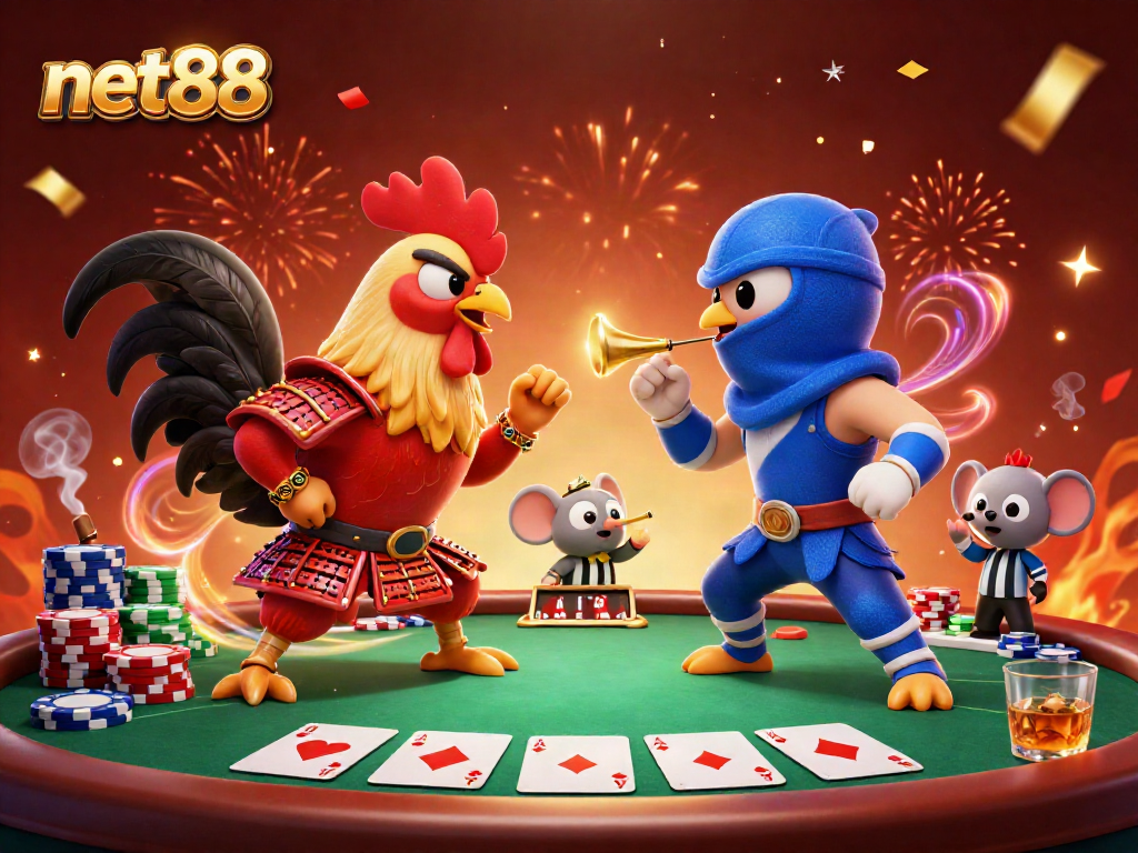 Experience the excitement of net88 with dynamic casino action featuring fighting roosters and poker elements.