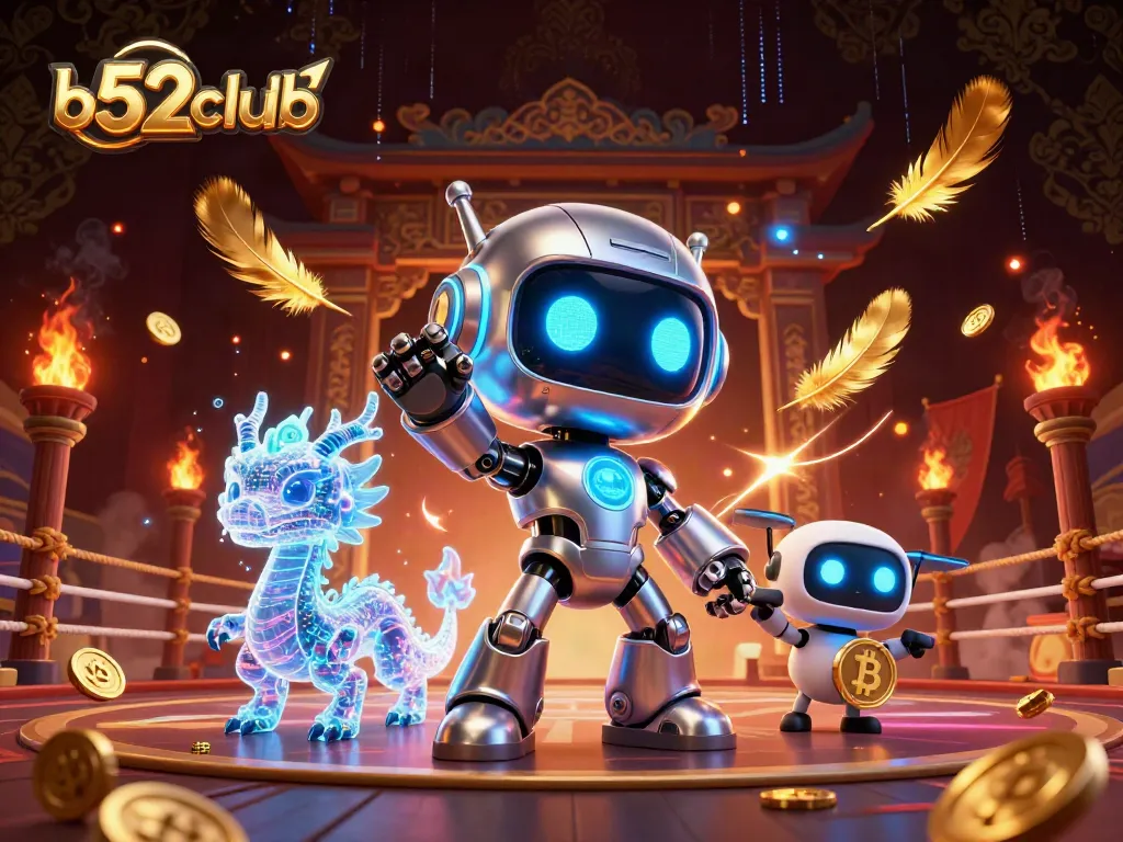 Bettors explore the vibrant b52clubb scene with a cyberpunk robot, AI dragon, and bitcoin drone amidst thrilling casino elements.