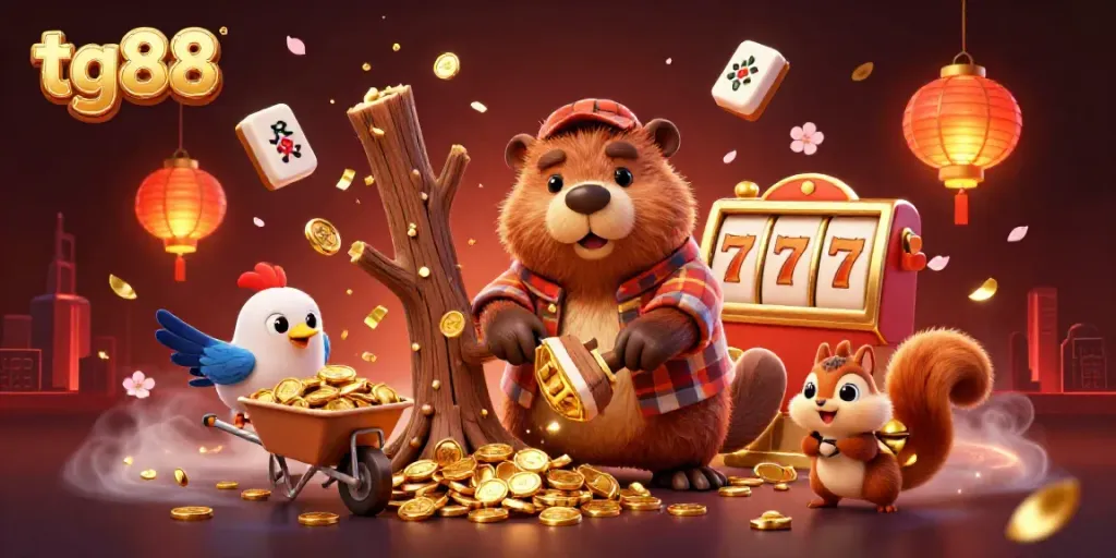 Celebrate winning at tg88 with a joyous 3D cartoon scene of a beaver, a bird, and a squirrel amidst floating casino-themed elements.