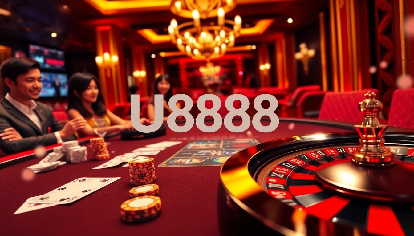 Engaged players interacting with U888 online casino features, showcasing vibrant gaming elements.