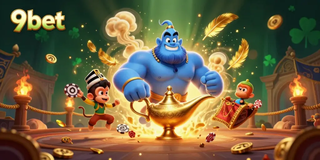 Engage in thrilling 9bet adventures with a genie, monkey, and poker chips on a magical carpet.