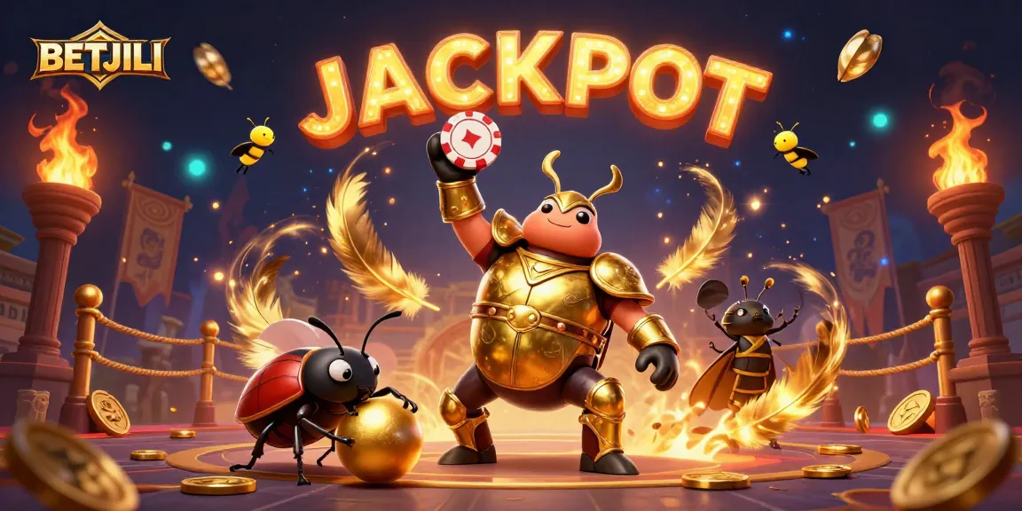 BETJILI illustration showcases a hercules beetle celebrating a poker win amidst golden gaming elements.