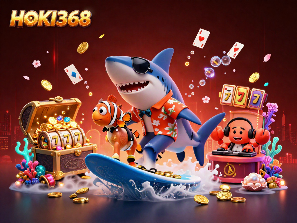 Experience HOKI368's thrilling jackpots with vibrant cartoon characters amidst gold coins.