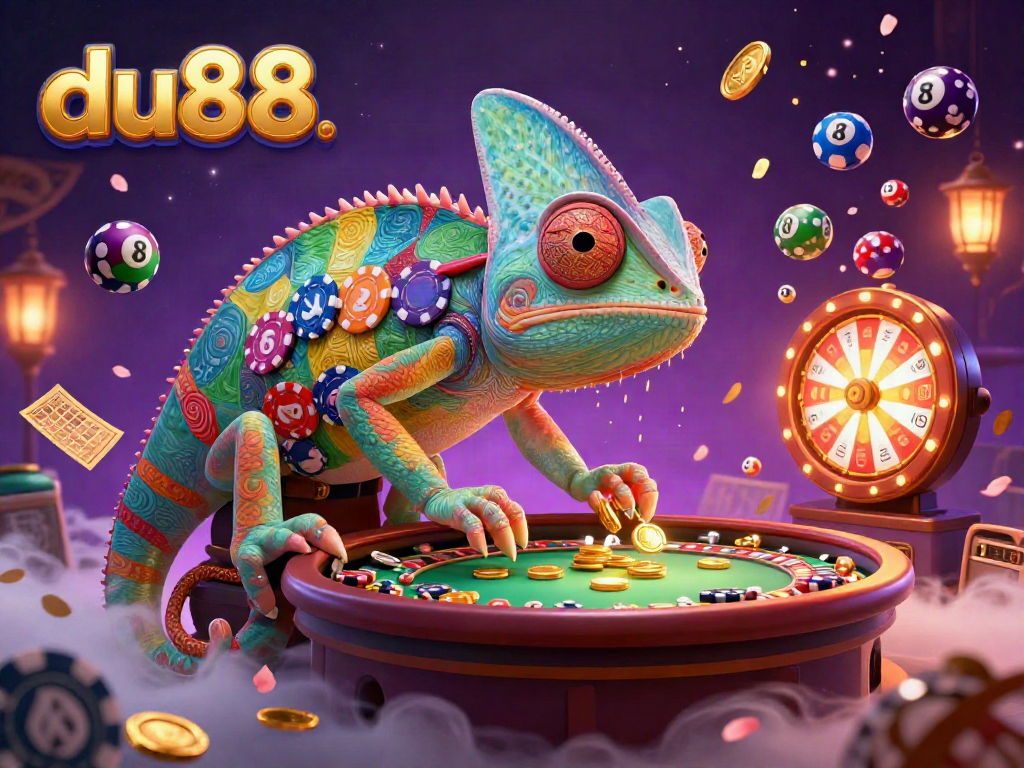 Watch the chameleon's thrilling golden coin snatch at du88, surrounded by colorful lottery elements.