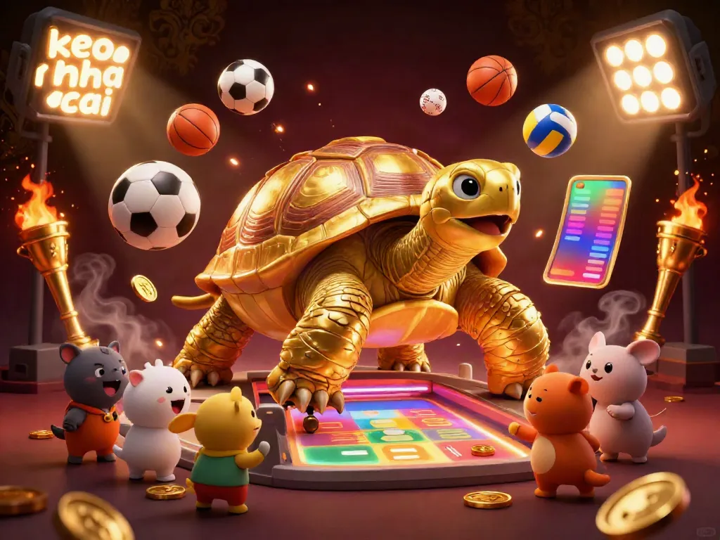 Engage with keo nha cai by playing in an exciting betting scene with a colossal tortoise and dynamic sports elements.