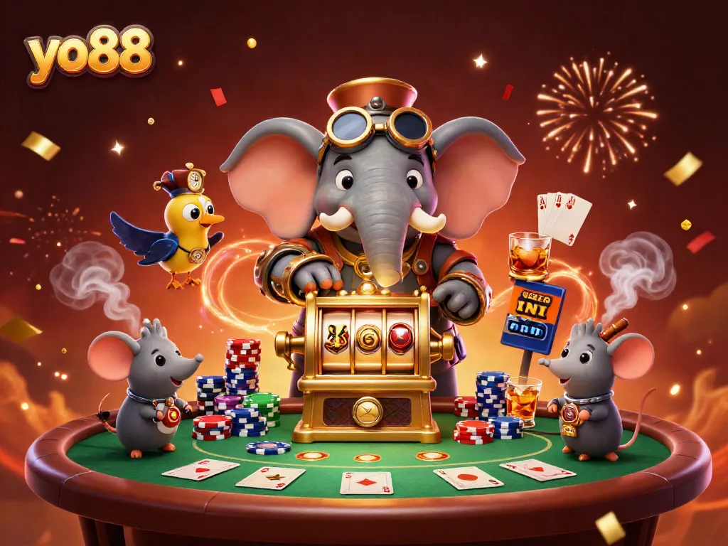 Experience the thrill of yo88 with a cartoon elephant engineer at a vibrant slot machine.