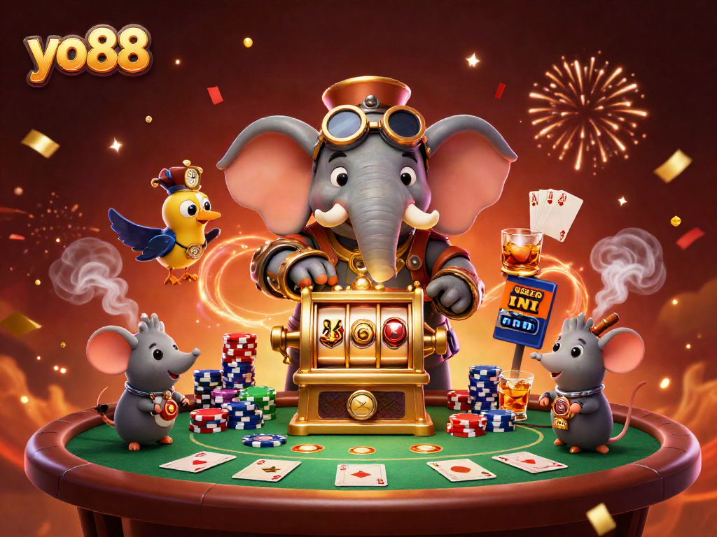Experience the thrill of yo88 with a cartoon elephant engineer at a vibrant slot machine.
