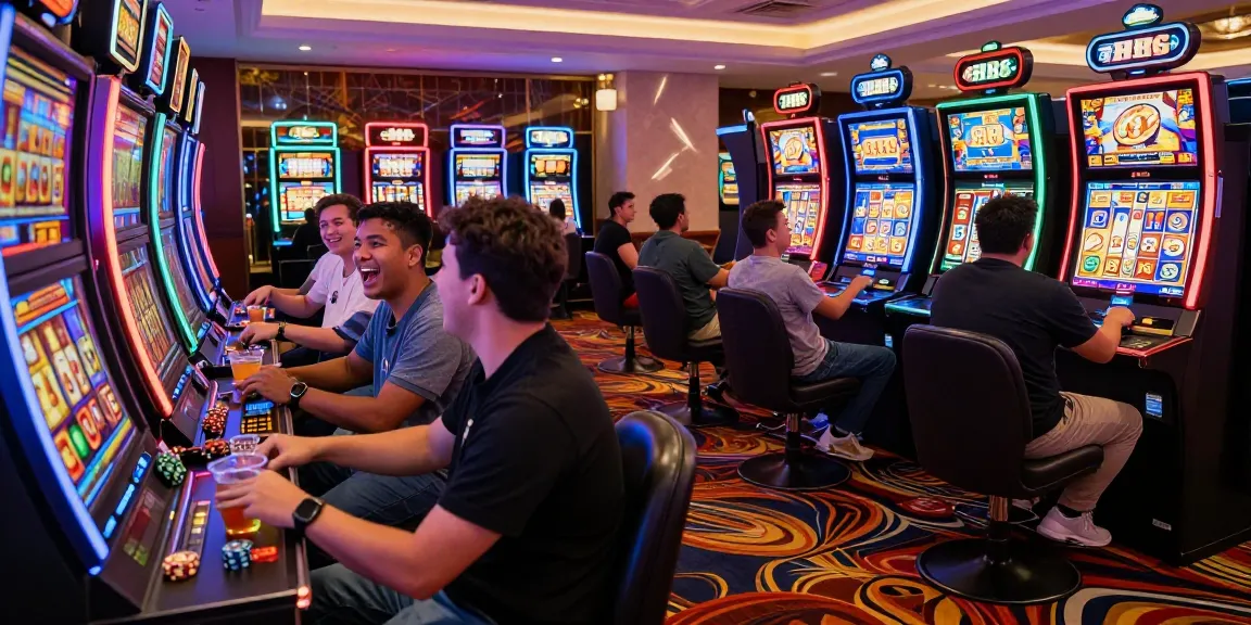Exciting slot88 gaming scene with diverse players and vibrant machines.