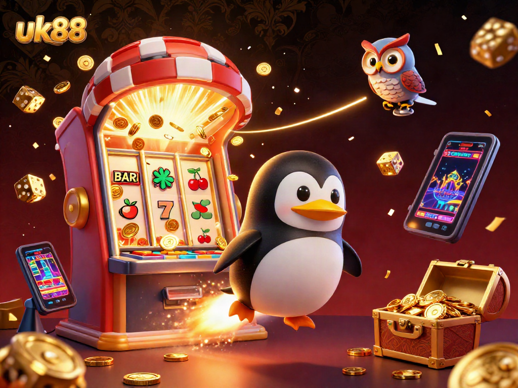 Experience the thrill of uk88 with a golden penguin launching into a casino-themed space adventure!
