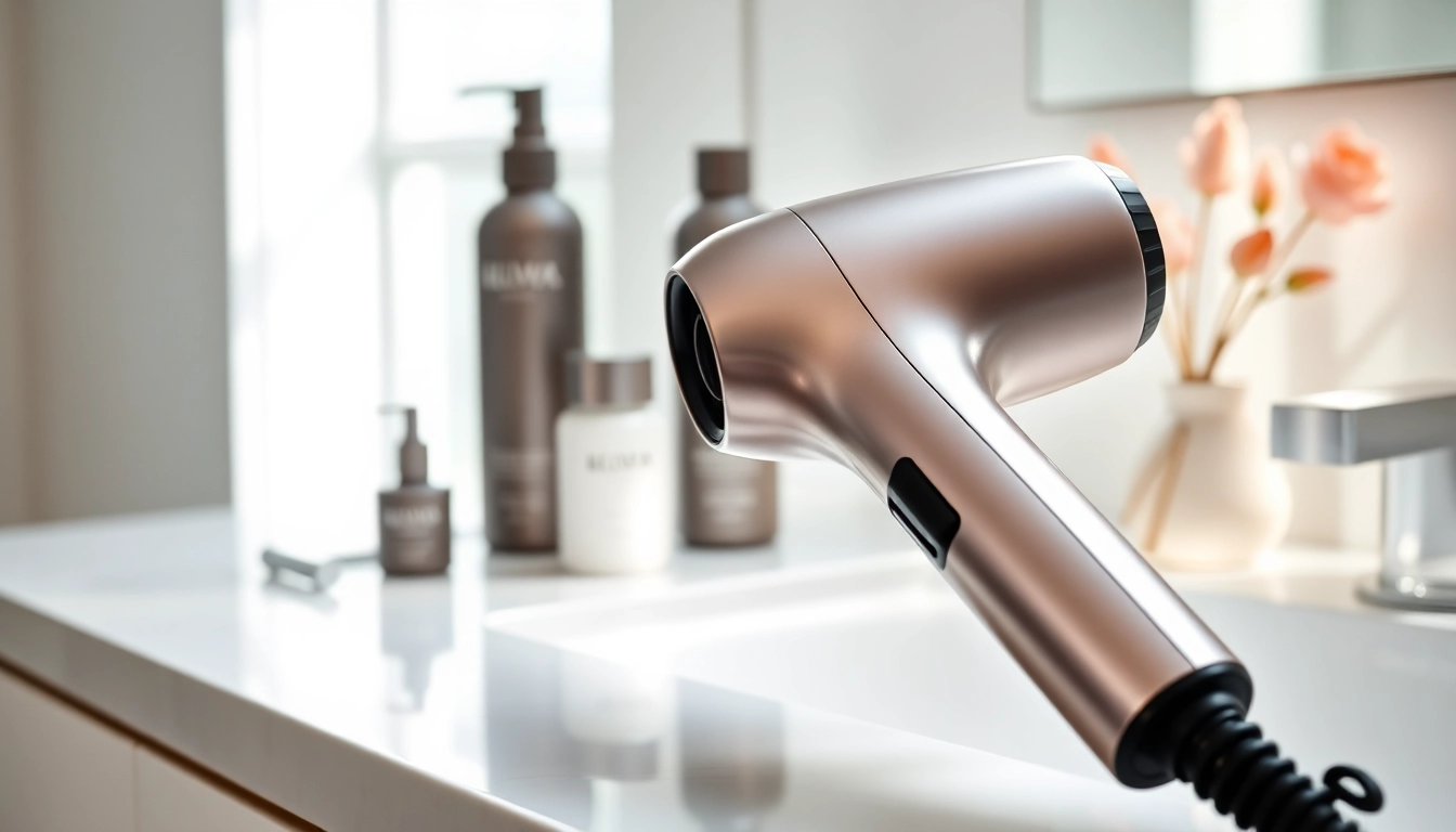 Using an ionic blow dryer to effortlessly style hair with a sleek design and modern features.