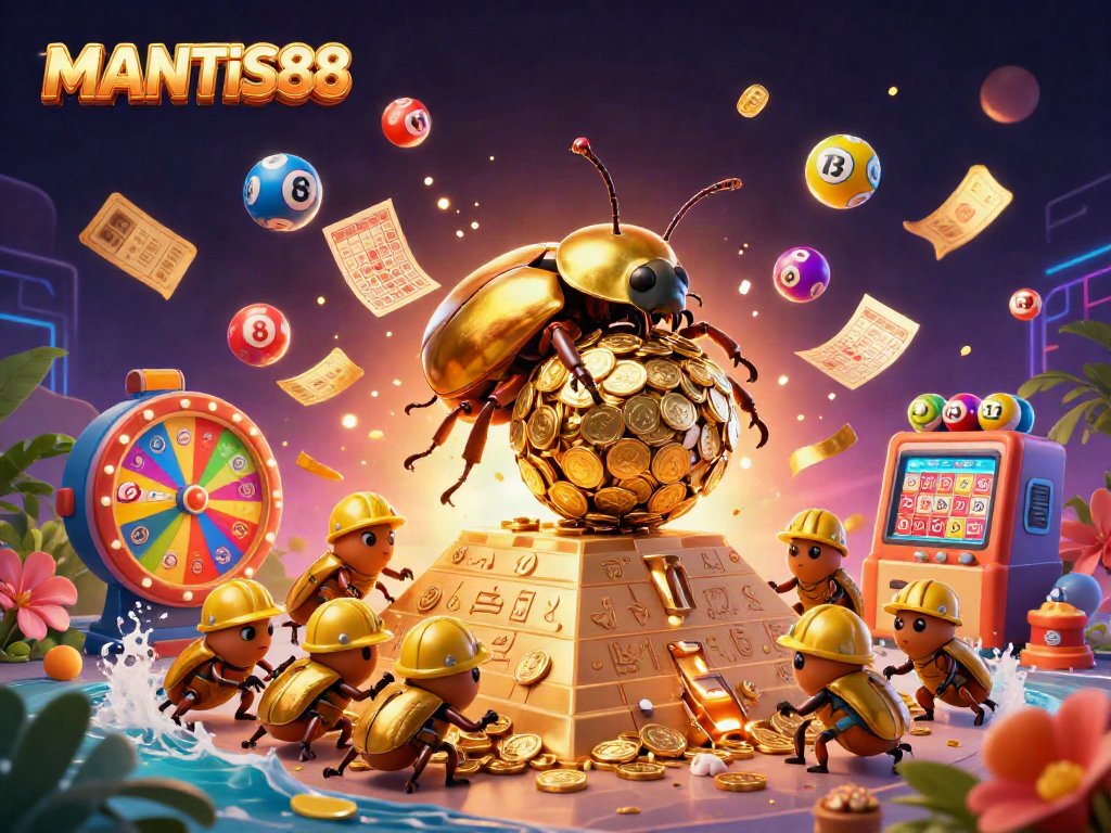 MANTIS88 showcases a vibrant casino scene with golden beetles rolling coins surrounded by lottery elements.